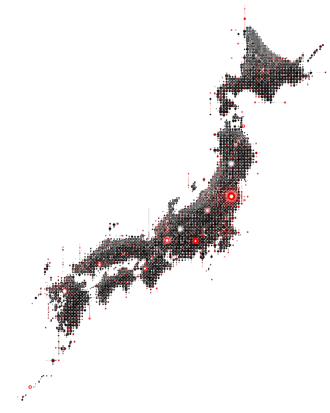 Map of Japan rendered as a dot pattern with key talent hubs highlighted in red